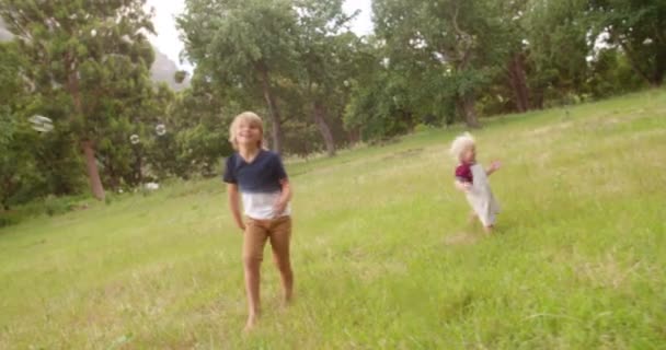 Chicos corriendo detrás de burbujas volando en el parque — Vídeos de Stock