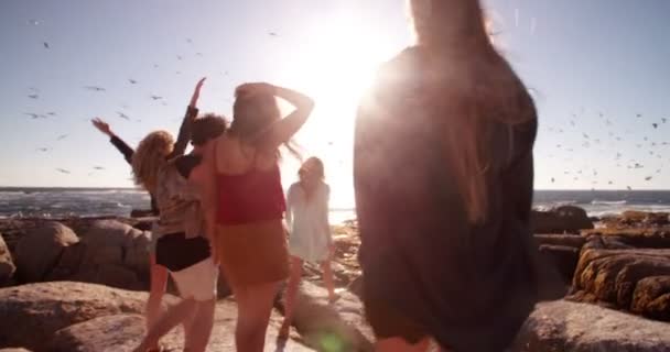 Vrienden werpt armen kijken vliegende meeuwen — Stockvideo