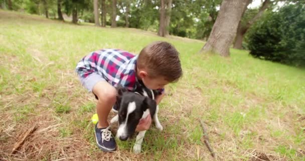 Niño sosteniendo a su cachorro en la naturaleza — Vídeos de Stock