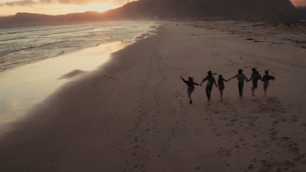 Freunde genießen einen Strandspaziergang bei Sonnenuntergang — Stockvideo