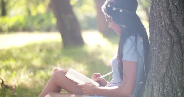 Personne assise dehors écrivant dans un journal — Video