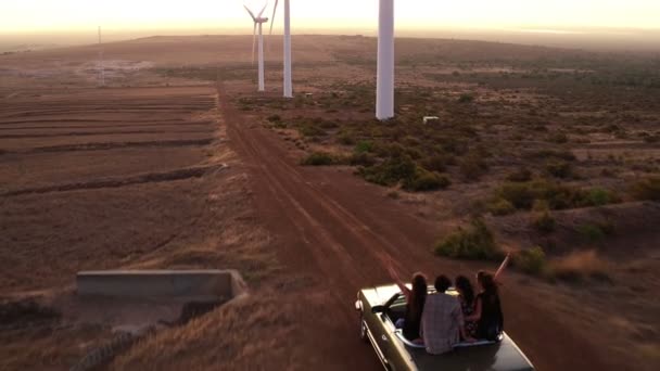 Amis profitant d'un road trip à travers le parc éolien — Video