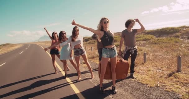 Group of friends Hitchhiking on Highway — Stock Video