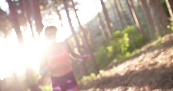 Mujer trail runner en sudadera con capucha sonriendo mientras toma un descanso — Vídeos de Stock