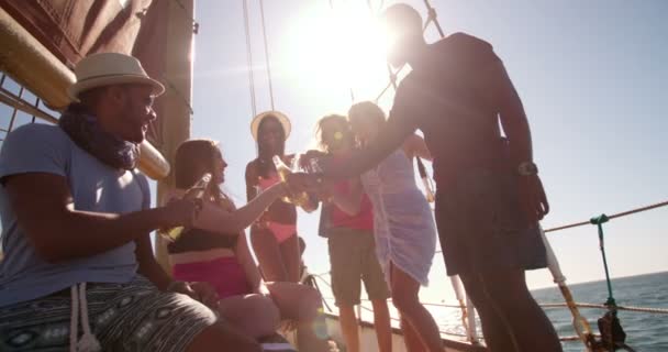 Skupina přátel, opékání s nápoji na jachtě — Stock video