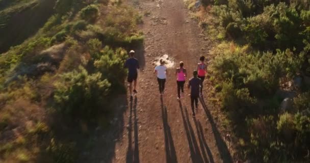 Багатоетнічна група спортсменів, що біжать по шляху — стокове відео