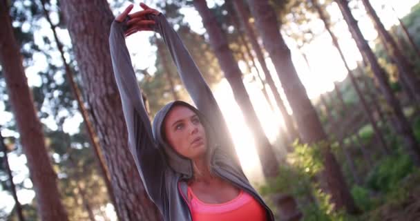 Atleta estirándose en el bosque — Vídeo de stock