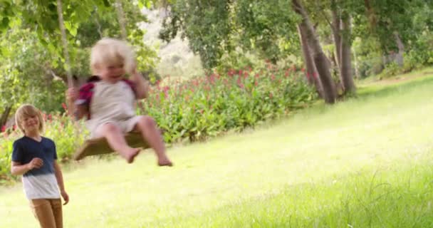 Junge schubst Bruder auf Schaukel im Park — Stockvideo