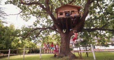 Bir Treehouse halat merdivene tırmanma çocukla çocuk