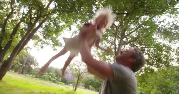 Alegre papá lanzando a su hijo al aire — Vídeo de stock