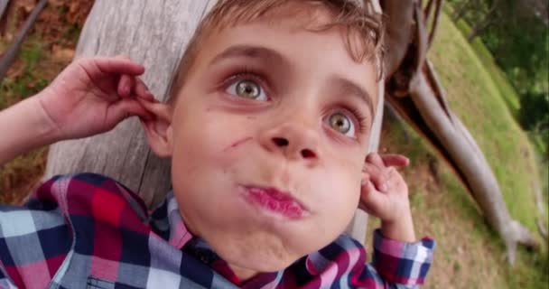 Pequeño niño en parque tirando de una cara en la cámara — Vídeos de Stock