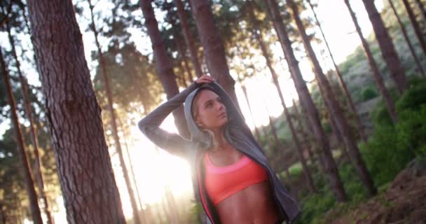 Sportler dehnt sich im Wald — Stockvideo