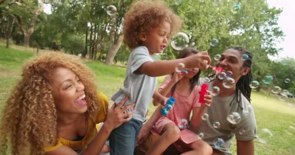 Familia teniendo un picnic y soplando burbujas — Vídeo de stock