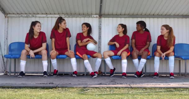 Ομάδα εφήβων που κάθονται στον πάγκο μιλώντας μετά την προπόνηση ποδοσφαίρου — Αρχείο Βίντεο