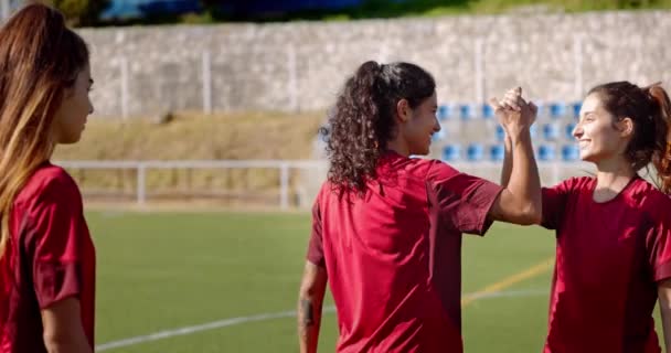 Jovens jogadoras de futebol do sexo feminino alta cinco durante o jogo — Vídeo de Stock