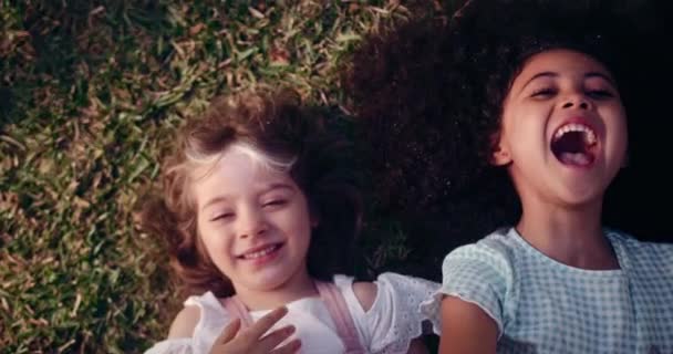 Duas meninas felizes sorrindo deitado na grama sendo cócegas — Vídeo de Stock