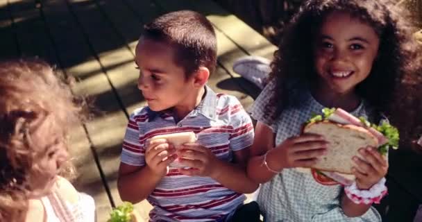 Adulto brincando com grupo de crianças sorrindo e comendo sanduíches — Vídeo de Stock