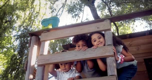 Gruppo di bambini sorridenti e che giocano in una casa sull'albero — Video Stock
