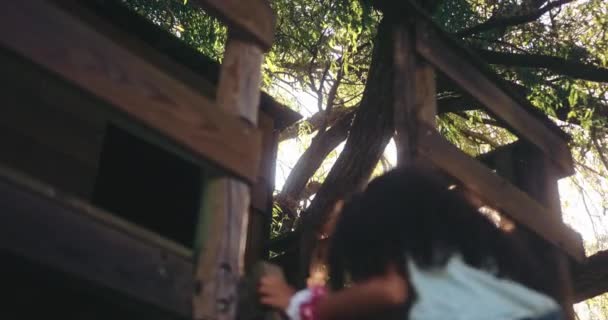 Ağaç evin merdivenlerine tırmanan tatlı küçük kız. — Stok video