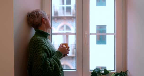 Woman having cup of coffee looking at the window outside — Stock Video