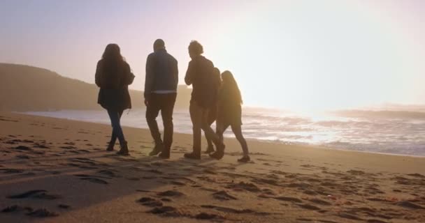 Группа подростков силуэт прогулки по пляжу на закате — стоковое видео