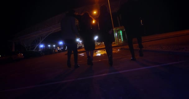 Vriendengroep die na het avondfeest op straat loopt — Stockvideo