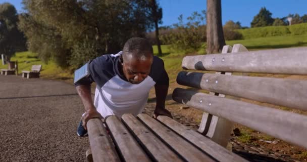 Homme afro-américain senior faisant des pompes sur le banc du parc — Video
