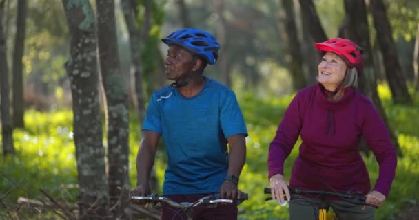 Senior afrikanisch-amerikanische Mann und Frau fahren Fahrräder auf Wald — Stockvideo