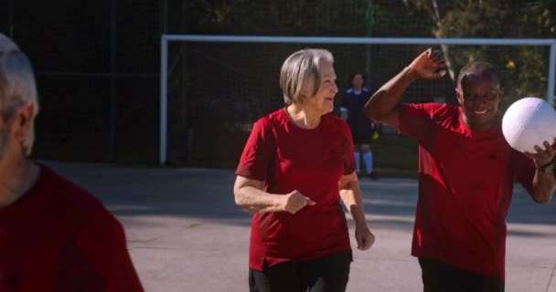 Grupo de idosos amigos comemorando gol durante jogo de futebol — Vídeo de Stock
