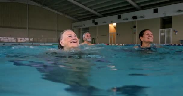 Mayores saltando con pesas clase de aeróbic acuático en piscina cubierta — Vídeos de Stock