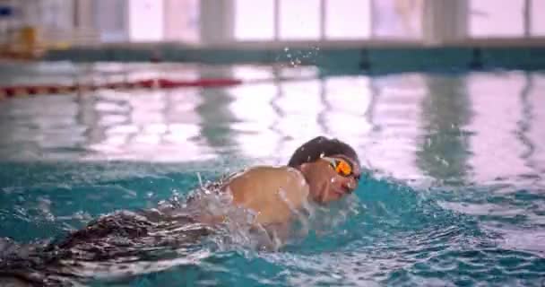 Інвалідний спортсмен з ампутацією плавання збоку повзе в критий басейн — стокове відео
