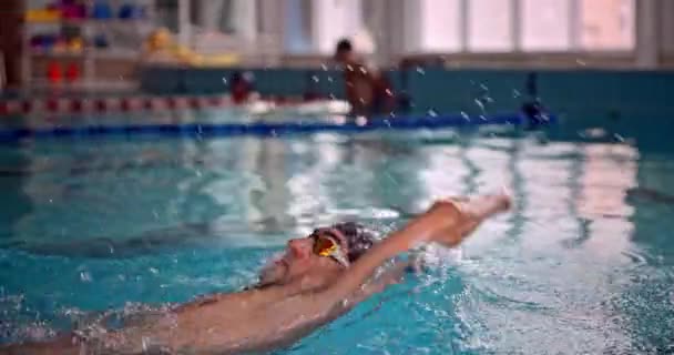 Professional amputee athlete swimming backstroke in indoor pool — Stock Video