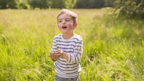 Pequeño niño lanzando confeti — Vídeo de stock