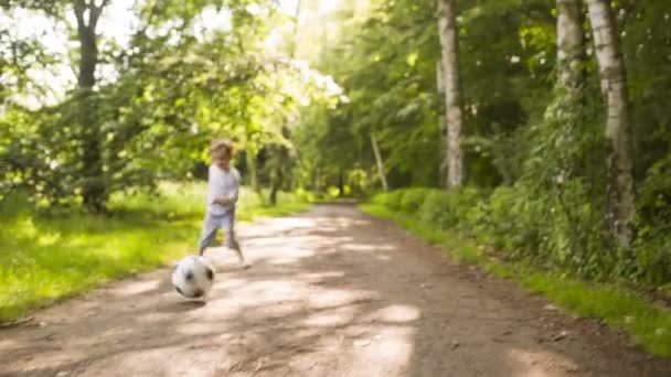 malý chlapec hraje s fotbalovým míčem v parku