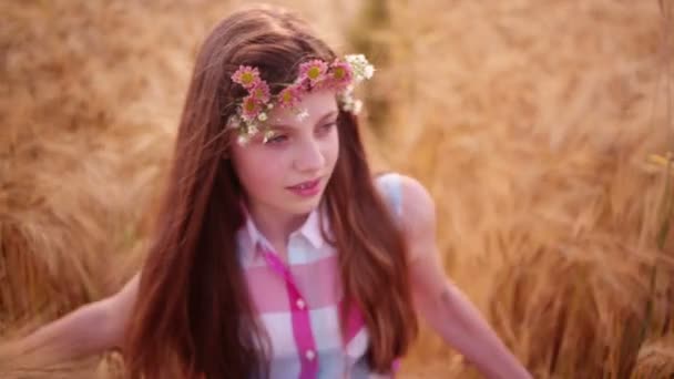 Chica joven caminando a través de campos de trigo — Vídeo de stock