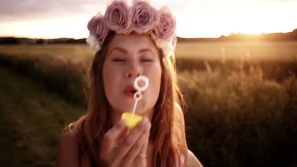 Girl Blowing Bubbles — Stock Video