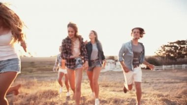 Çayır günbatımında çalışan arkadaşlar