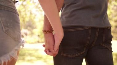 Elele ve parkta yürüyen bir çift