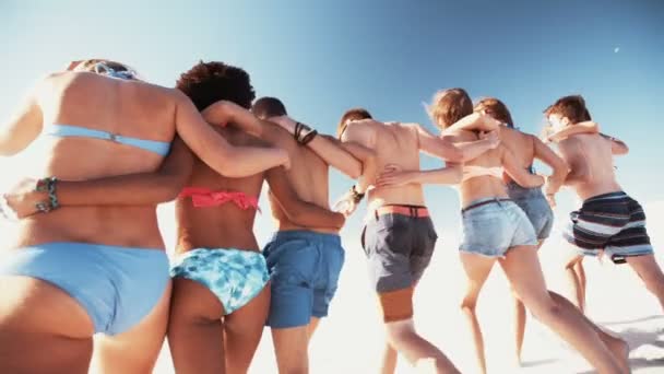 Друзья, гуляющие вместе по пляжу — стоковое видео