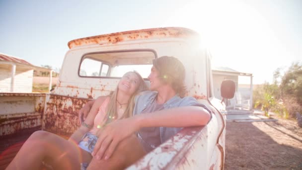 Couple sitting together in a vintage truck — Stock Video