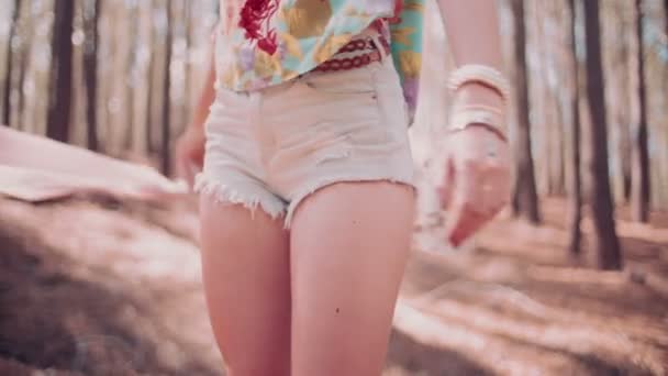 Boho girl in a forest — Stock Video