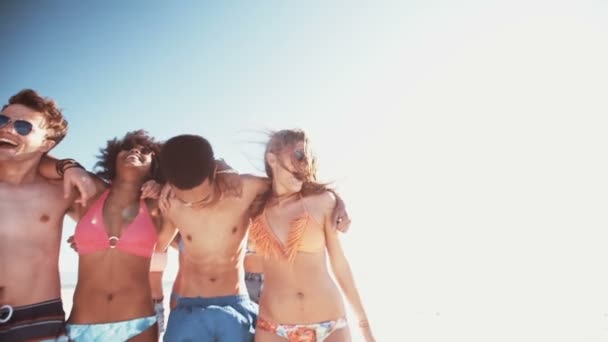 Афродевушка, гуляющая с друзьями на пляже — стоковое видео