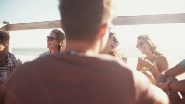 Amigos relajándose y bebiendo cerveza en la playa — Vídeo de stock