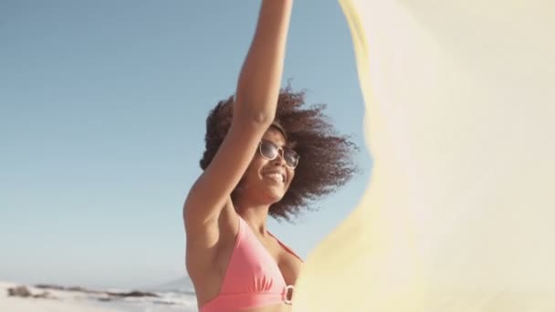 Afro chica con sus amigos en la playa — Vídeo de stock