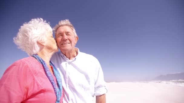 Senioren küssen sich liebevoll am Strand — Stockvideo