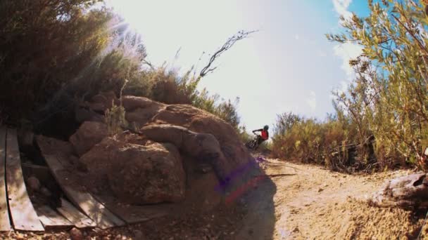 岩の上ジャンプするマウンテンバイカー — ストック動画
