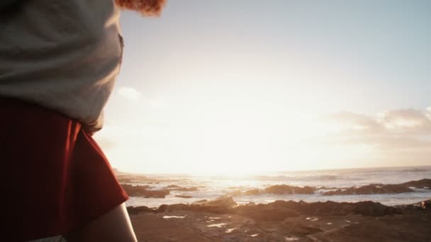 Afro fille debout sur des rochers à la plage — Video