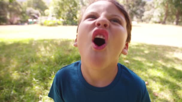A kisfiú húz egy arc — Stock videók