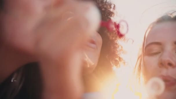 Afro chica y amigos soplando burbujas — Vídeo de stock