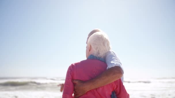 Старшая пара наслаждается отдыхом на пляже — стоковое видео
